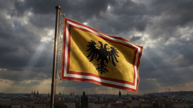 Historical double-headed eagle flag of the Holy Roman Empire waving majestically on a flagpole against a dark, dramatic sky above a city skyline