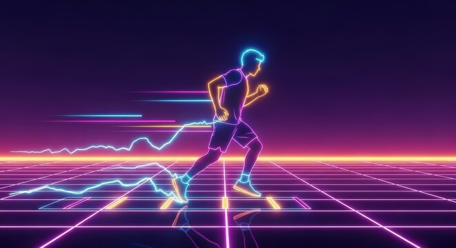 Neon silhouette runner racing on futuristic grid with glowing light trails