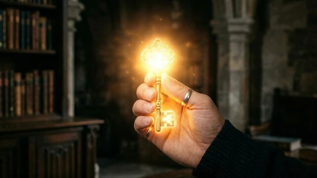 Hand holding glowing ornate golden key in a dark library study