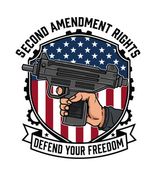 Illustrative depiction of a hand holding a compact submachine gun against a shield with the American flag and the text second amendment rights defend your freedom Best Selling T-shirt Design