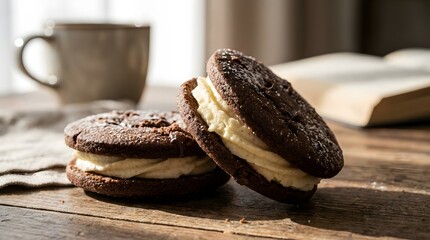 ​A vertical stack of chocolate sandwich cookies with cream filling served on a rustic ceramic plate with cocoa powder sprinkles