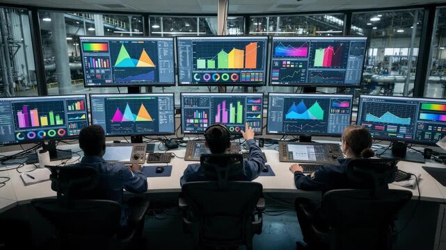 Technicians monitoring a plant through deskmounted DCS panels featuring realtime alarm notifications and interactive displays.