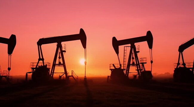 Oil rigs silhouetted against sunset timelapse