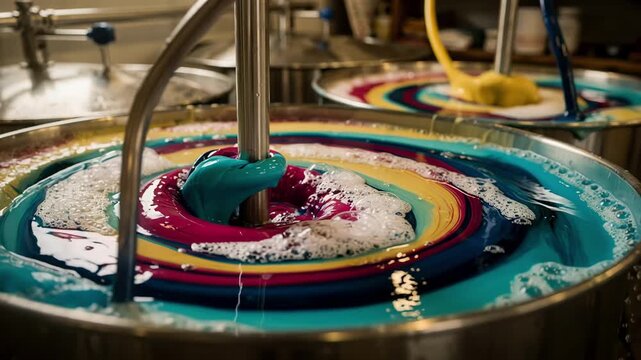 Open kettle mixers actively combining colorful dyes and surfactants highlighting the dynamic blending process in an artisanal production setup.