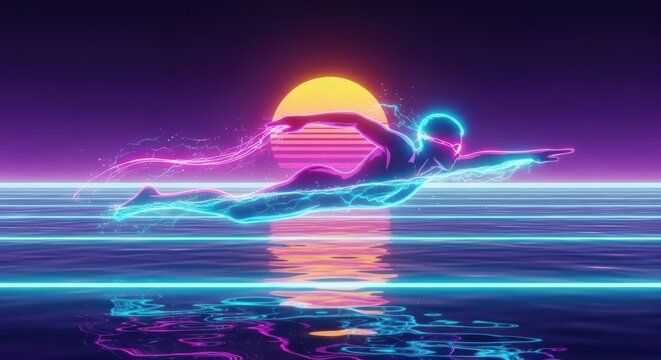 Neon swimmer in retro synthwave sunset ocean, digital art
