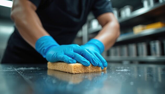 Worker wears blue gloves, cleans steel counter with sponge. Focuses on hygiene in commercial kitchen setting. Professional sanitation for food safety standards.