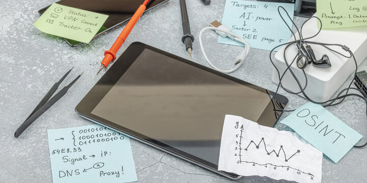 Cybersecurity and digital forensics concept. Professional OSINT investigator workspace with tablet