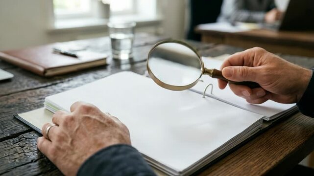 Man's hands holding a magnifying glass over blank white paper in a binder