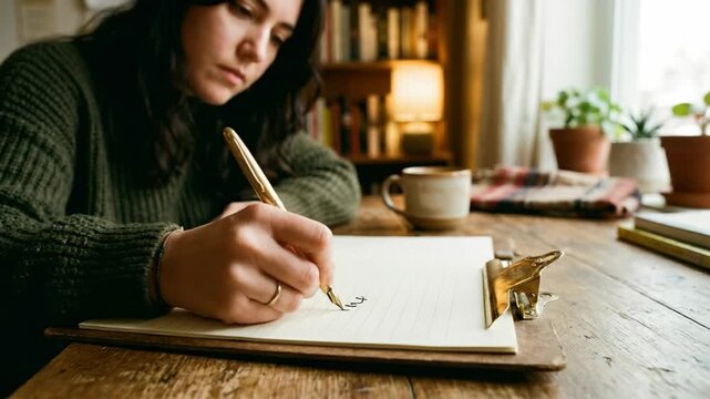 Young woman's hand writing with a gold fountain pen on lined paper at a wooden desk