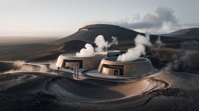 Futuristische Erdw&auml;rme-Station im Nebel aus hellem Stein