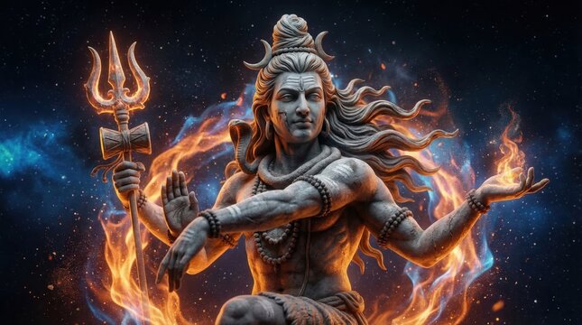 Powerful depiction of Lord Shiva as a meditating ascetic with a trident and snake, surrounded by cosmic fire and stardust