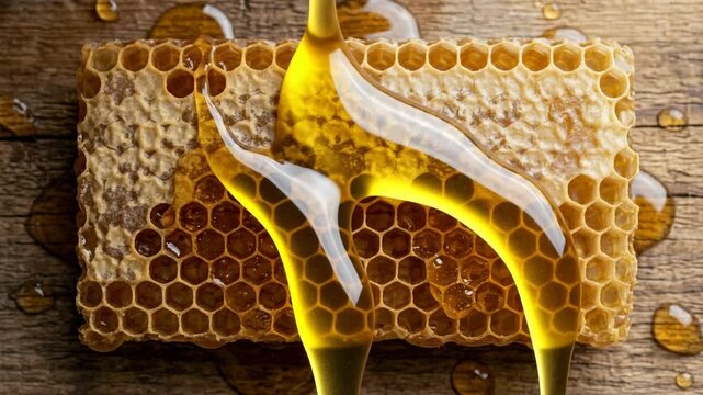 Viscous golden honey dripping onto textured honeycomb on rustic wooden surface