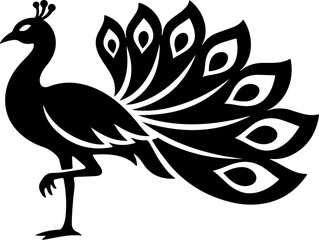 Fototapeta premium A majestic black peacock stands proudly in a serene natural setting with its vibrant feathers on full display.