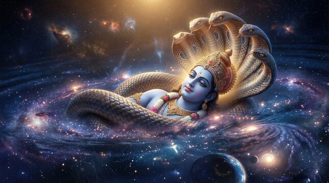 Serene blue-skinned Hindu deity Vishnu rests on a coiled serpent within a swirling galaxy, surrounded by stars, planets, and cosmic dust, bathed in warm light