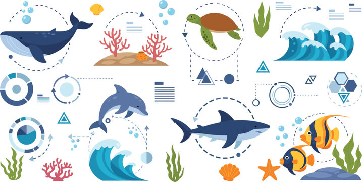 Ocean Ecosystem and Marine Life Vector Illustration Set Featuring Whale, Dolphin, Shark, Turtle, Fish, Coral Reefs, Waves, and Aquatic Infographic Elements for Design.
