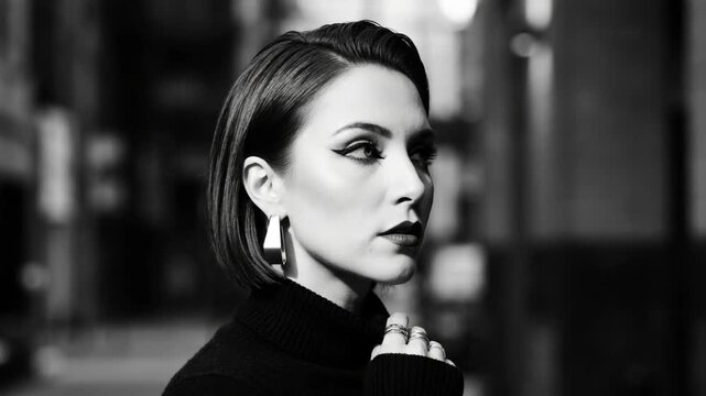 Elegant woman with bob haircut, bold eyeliner, and dark lipstick in black and white
