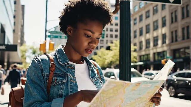 A young woman stands on a street corner, unfolding and studying a large paper tourist map with a curious expression.
