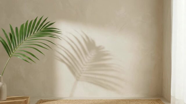 Tropical palm frond casting shadow on textured neutral wall with sheer curtain and jute rug