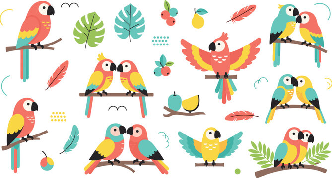 Flat vector illustration set of colorful tropical parrots and macaws featuring perched pairs, flying birds, monstera leaves, feathers, and exotic fruits for jungle design.