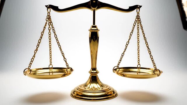 Justice, law, decisions concept - Balanced gold scale isolated on white