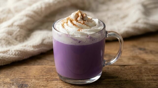 Cozy glass mug filled with vibrant purple hot beverage topped with whipped cream and cinnamon