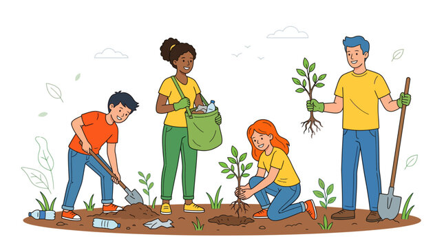 Diverse group of people gardening in a community garden plot, planting seedlings, watering, weeding and tending plants outdoors