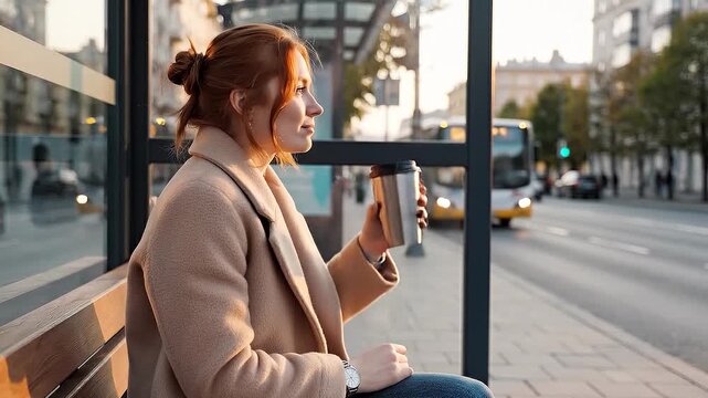 A young woman sits on a bench at a bus stop, holding a reusable coffee cup and looking down the road.