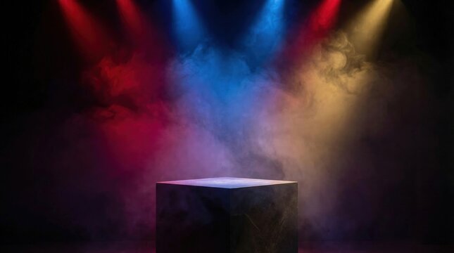 Simple dark cube stage with vibrant red blue and yellow spotlights and colorful smoke creating a dramatic and versatile presentation or display area