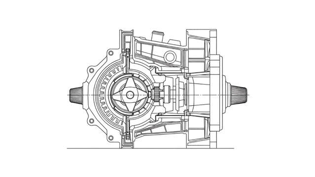 Wankel rotary engine side section, CAD technical 2D drawing