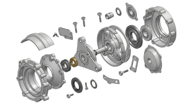 Wankel rotary engine exploded view, CAD detailed technical illustration