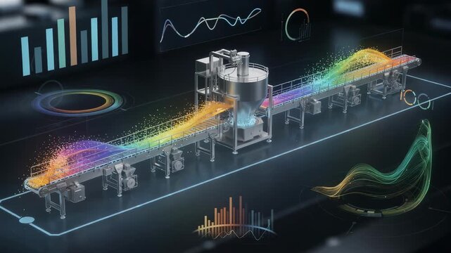 Medium shot of digital twin interface displaying realtime monitoring and data analytics of molding machines in a smart factory environment. Medium shot showcasing virtual replica