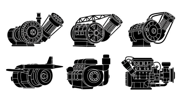 Wankel rotary engine icons set, flat vector silhouette collection