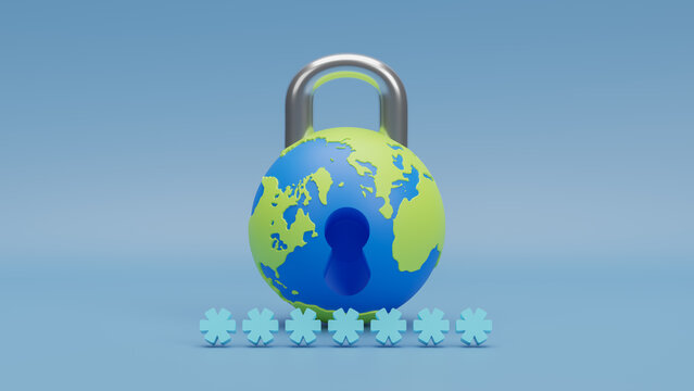 World password day, Cybersecurity and privacy concepts to protect data. Safe information exchange and data storage. Password protected computer symbol. E-commerce and business technology. 3d rendering
