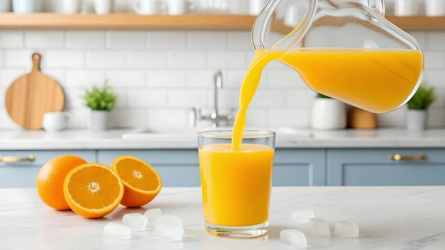 Fresh orange juice poured from glass jug into transparent drinking glass 4K Ai HD high quality video.