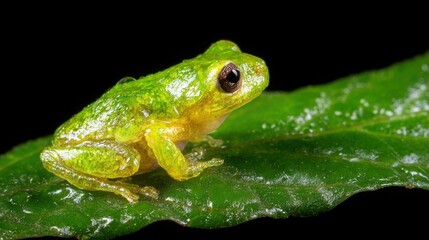Obraz premium Tiny vibrant green frog with dew drops perched on a wet leaf in its natural habitat