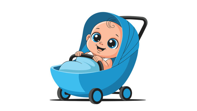 Adorable baby with big blue eyes and a single curl of hair sits happily inside a modern blue stroller for a walk.