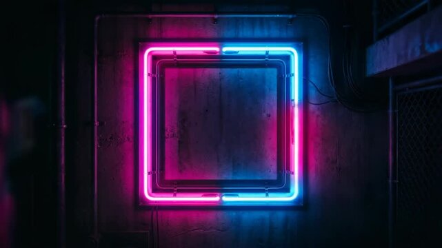 Glowing pink and blue square neon light frame on a dark industrial concrete wall with pipes and wires in background