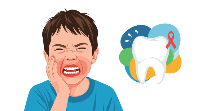 Distressed young boy suffering from a painful toothache while a tooth icon with a red warning ribbon shows in the background.