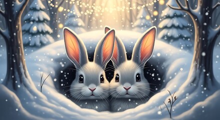 Obraz premium Two rabbits in a snowy forest glade