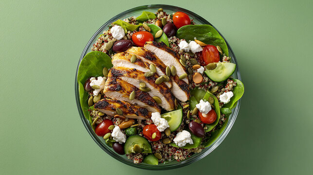A delicious and healthy grilled chicken quinoa salad is presented in a clear bowl on a green background