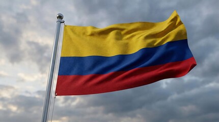 Fototapeta premium The Colombian flag with its distinct yellow blue and red horizontal stripes billows in the wind against a moody overcast sky