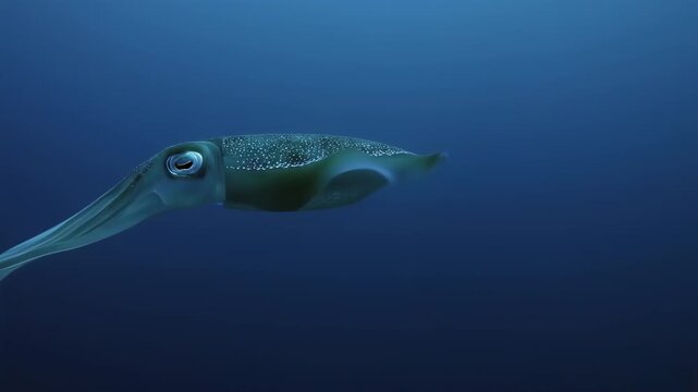Dark, speckled squid swimming in deep blue ocean