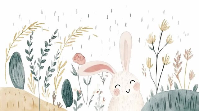 Cute animated watercolor illustration of smiling bunny among meadow flowers and rain. Soft pastel colors, whimsical hand-drawn style