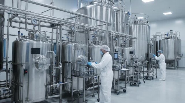 Medium shot of a cleanroom mixing line with large stainless steel vessels blending sterile buffer solutions emphasizing scale and contaminationfree processing.