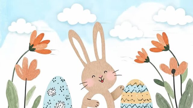Cute animated Easter illustration featuring a smiling bunny, decorated eggs and spring flowers against cloudy sky. Whimsical hand-drawn style ideal for holiday cards