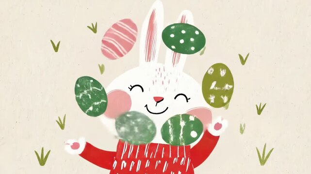 Cute animated hand-drawn illustration of funny bunny in red sweater playing with colorful patterned Easter eggs