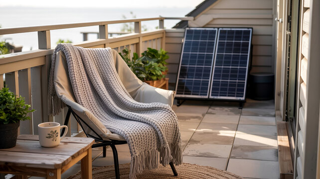 Nachhaltiger Balkon mit Solarmodul und gem&uuml;tlichen Textilien
