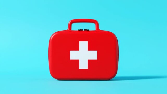 Red first aid kit on blue background.