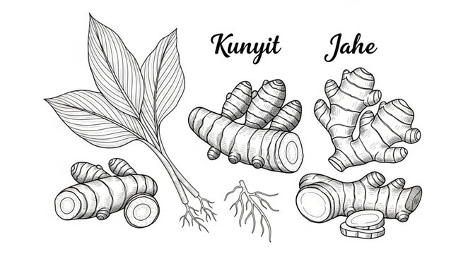 Hand-drawn sketch of kunyit and jahe turmeric and ginger with leaves and roots.