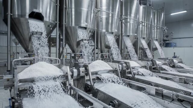Medium shot of large silos dispensing clear virgin PET resin pellets into automated pelletizing lines highlighting industrialscale plastic production processes.